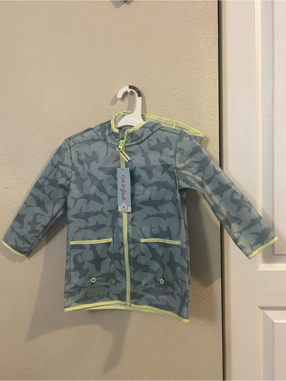 Cat & Jack Kids' Blue Shark Print rain Jacket with Yellow Trim